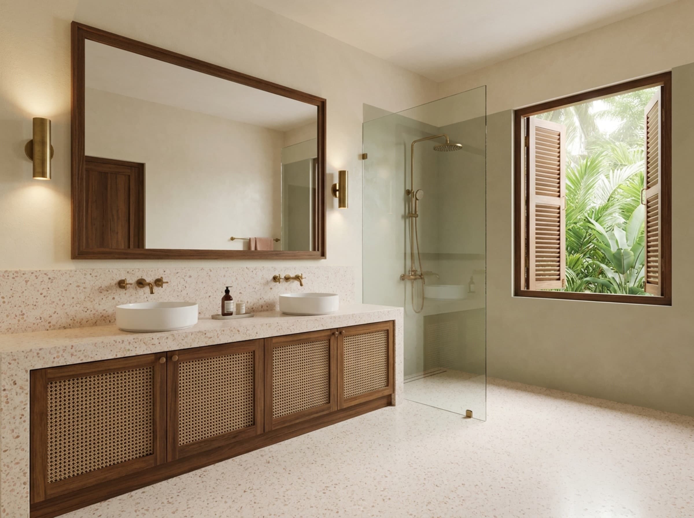 Render of the master bathroom in pink terrazzo with brass fixtures and a cane vanity