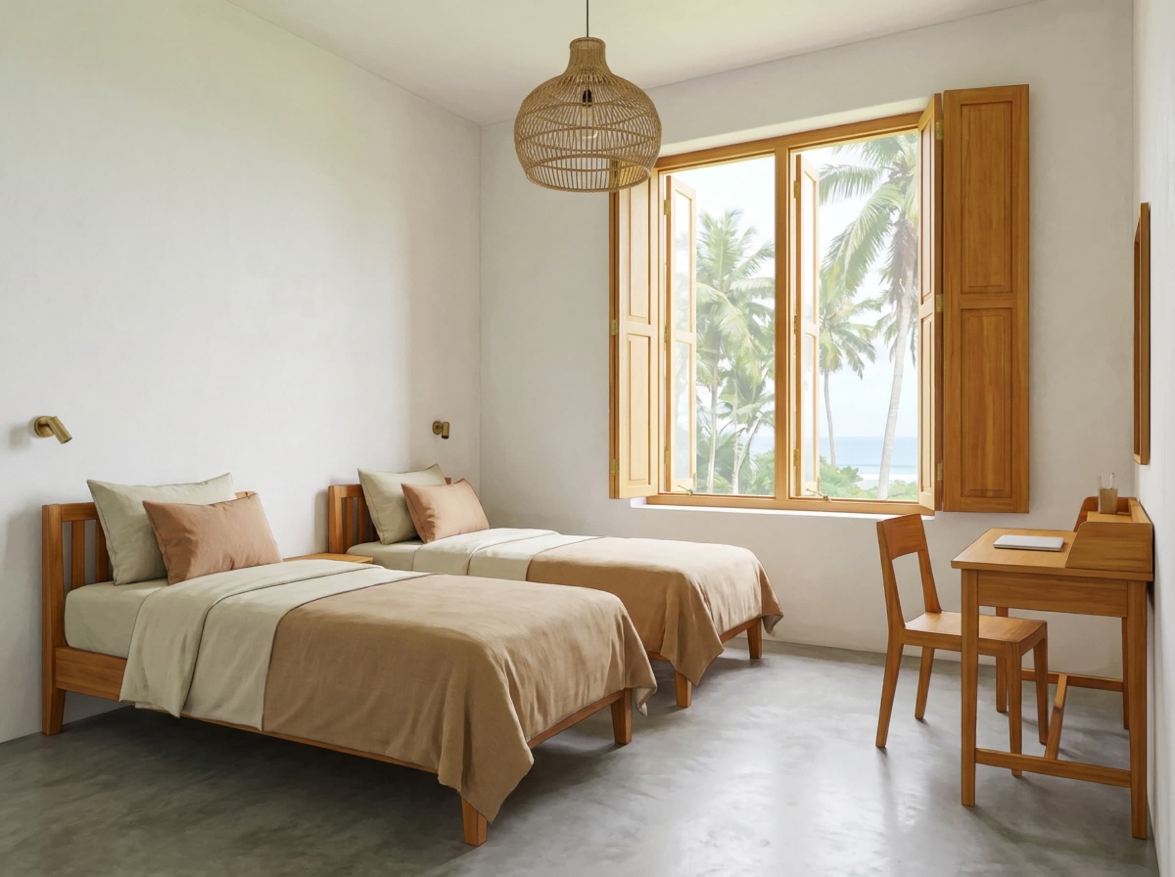 Render of the third bedroom with twin beds and a writing desk