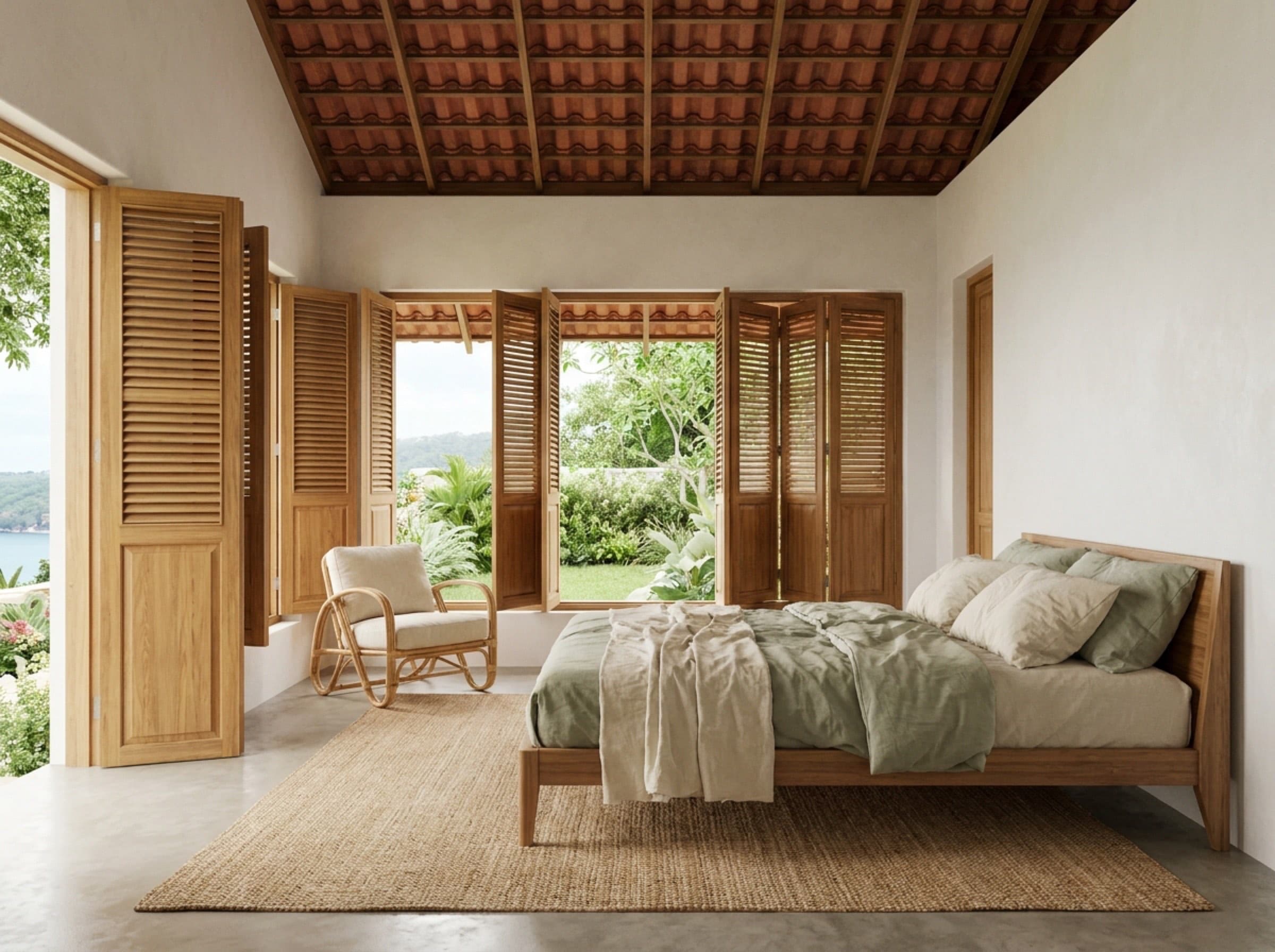 Render of the second bedroom in sage and cream tones, garden view