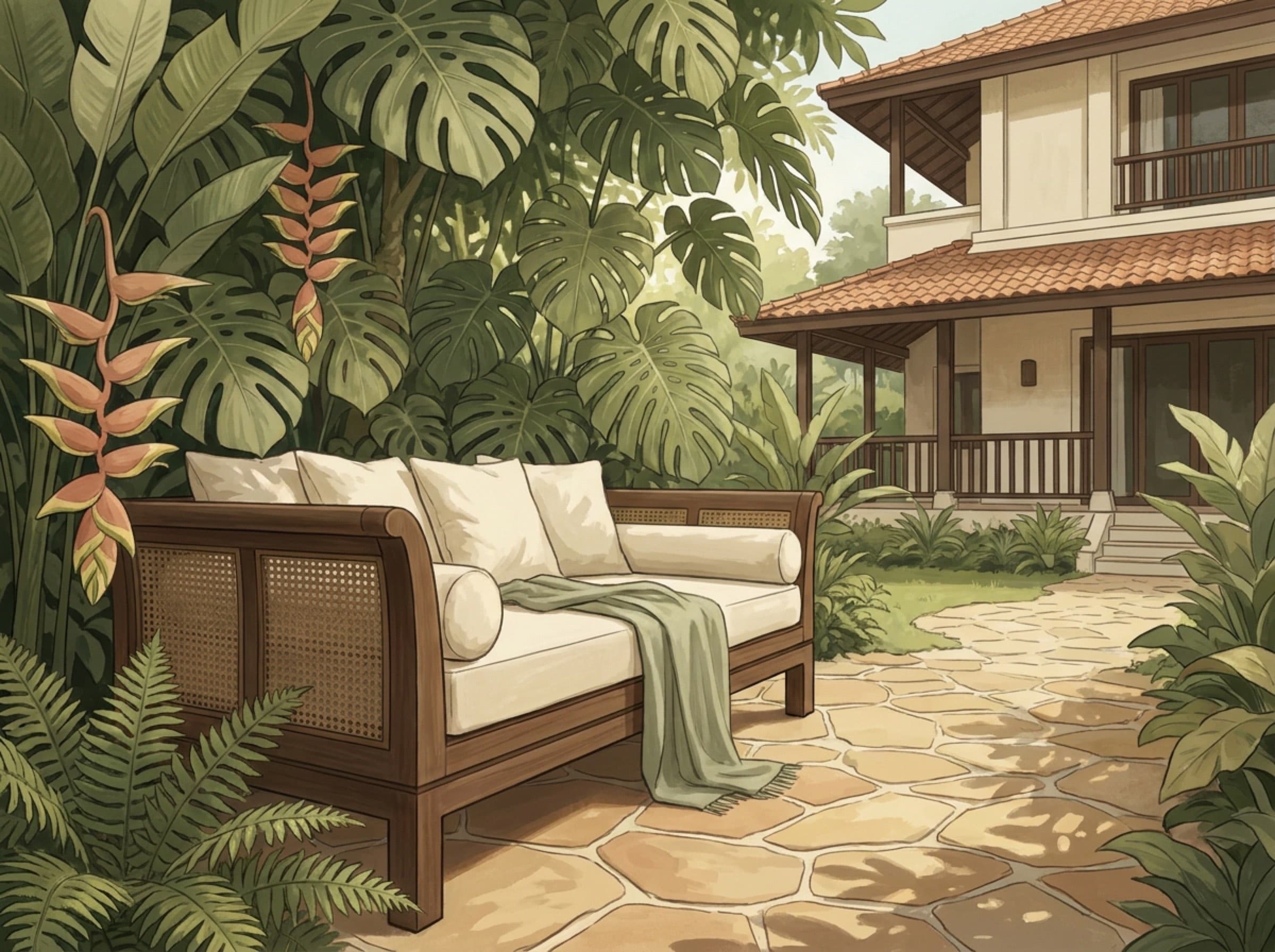 Render of a quiet corner of the garden with a daybed in shade