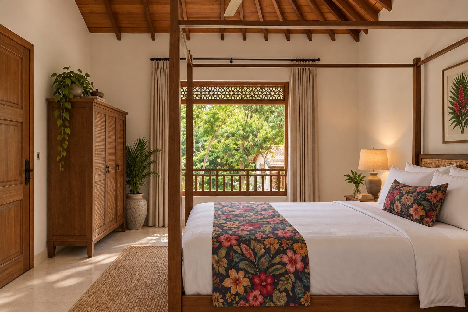 The Canopy, the master bedroom: a teak four-poster bed under the rafters, doors open to a balcony in the tree canopy (architectural render)