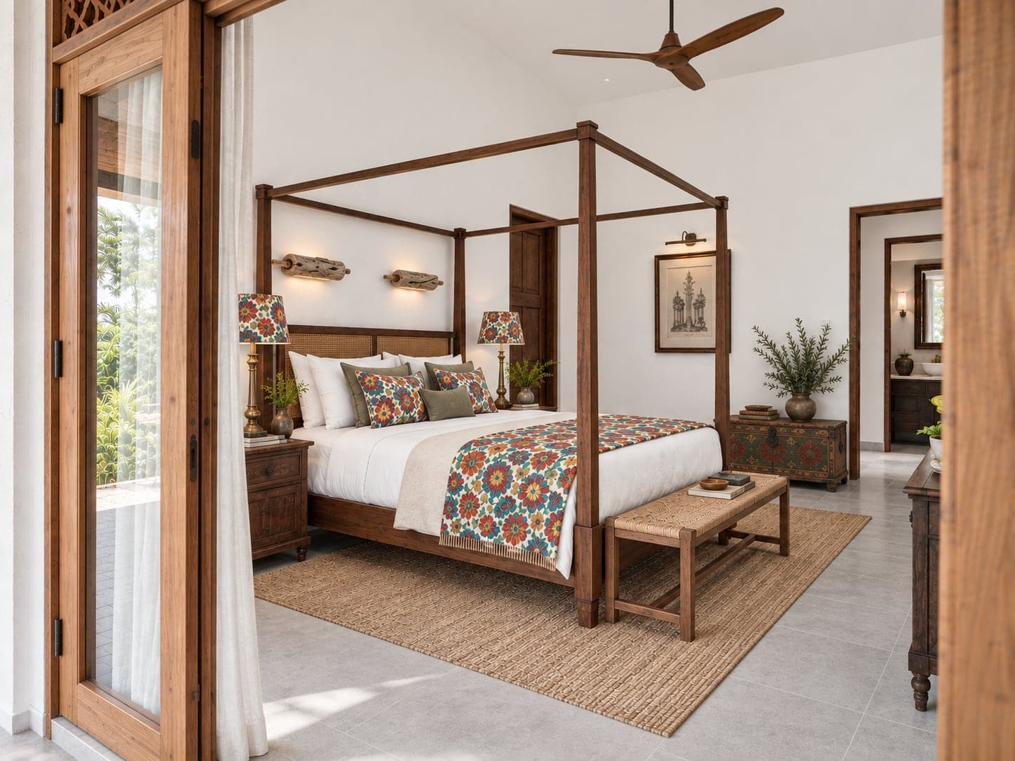 The Evening Room: a four-poster king bed, glass doors to the terrace and the bathroom beyond (architectural render)