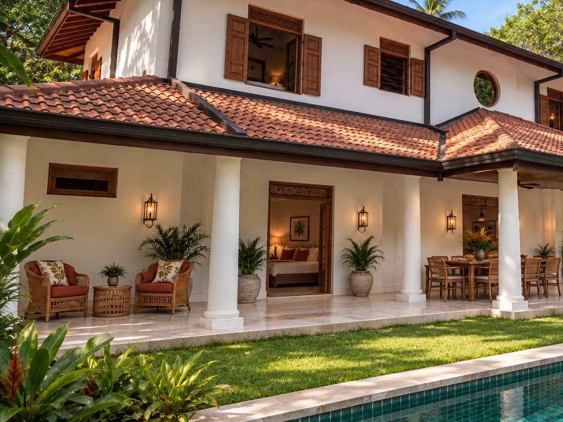 The Garden Room from the veranda, its doors folded back and the pool a few steps away (architectural render)
