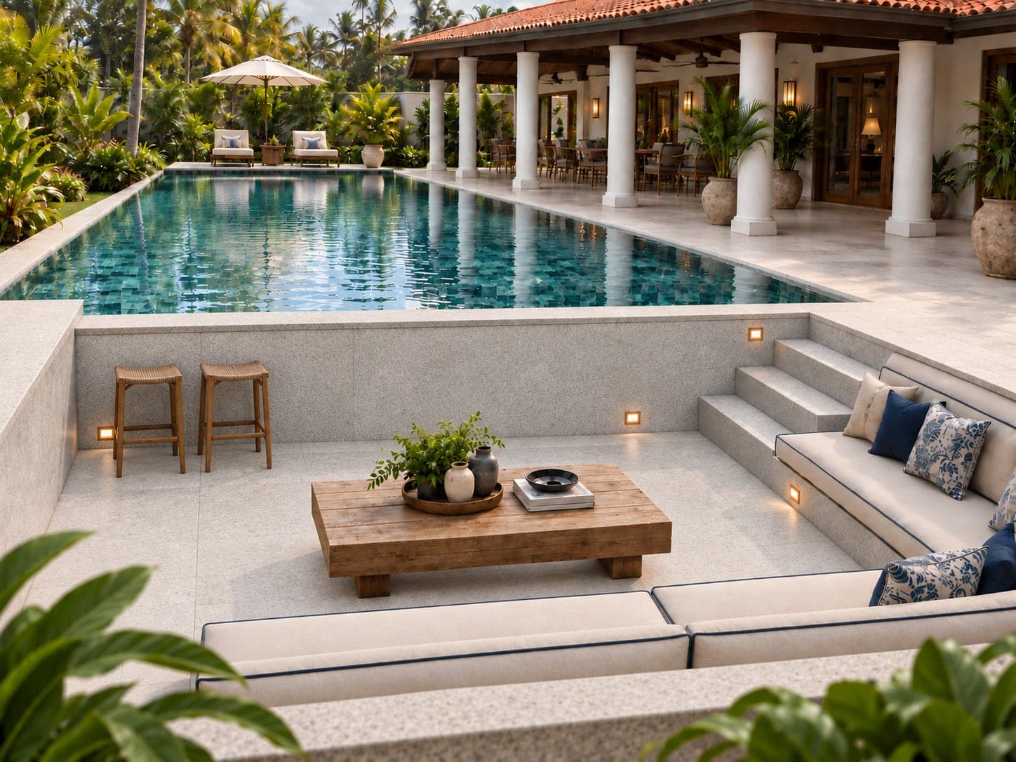 The green-tiled infinity pool at Kottamba Kanda with a sunken lounge below it and the veranda behind (architectural render)