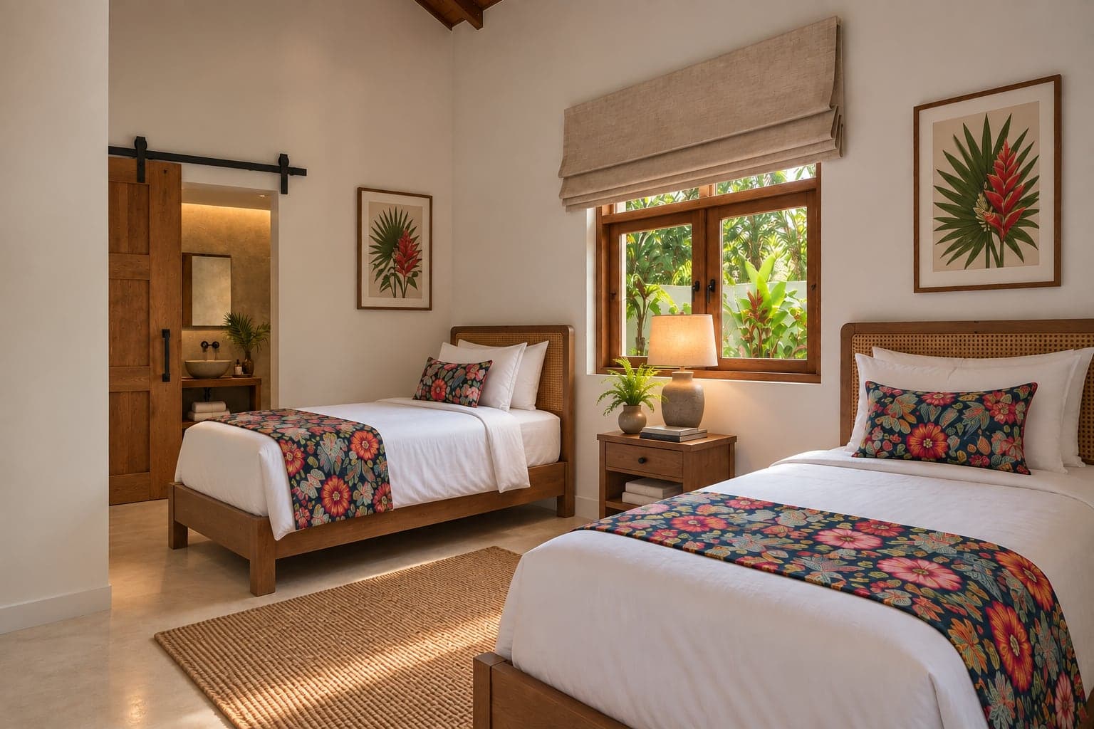 The Morning Room: twin beds, a window onto the garden and a sliding door to the bathroom (architectural render)
