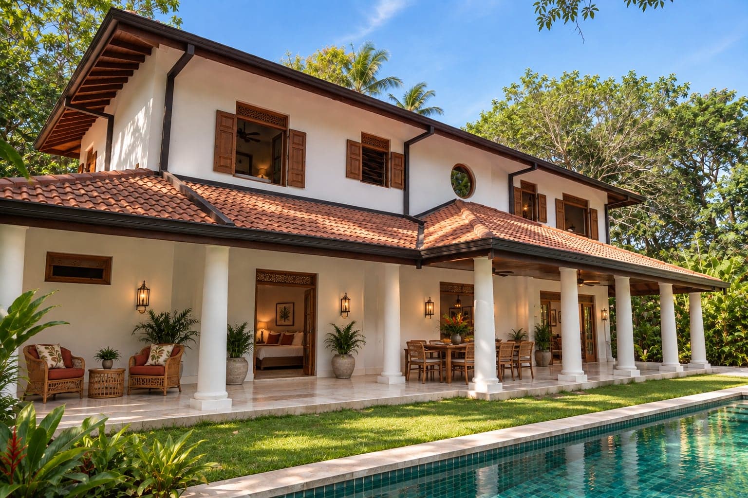 Kottamba Kanda villa from the pool terrace: white walls, terracotta roof and colonnaded veranda (architectural render)