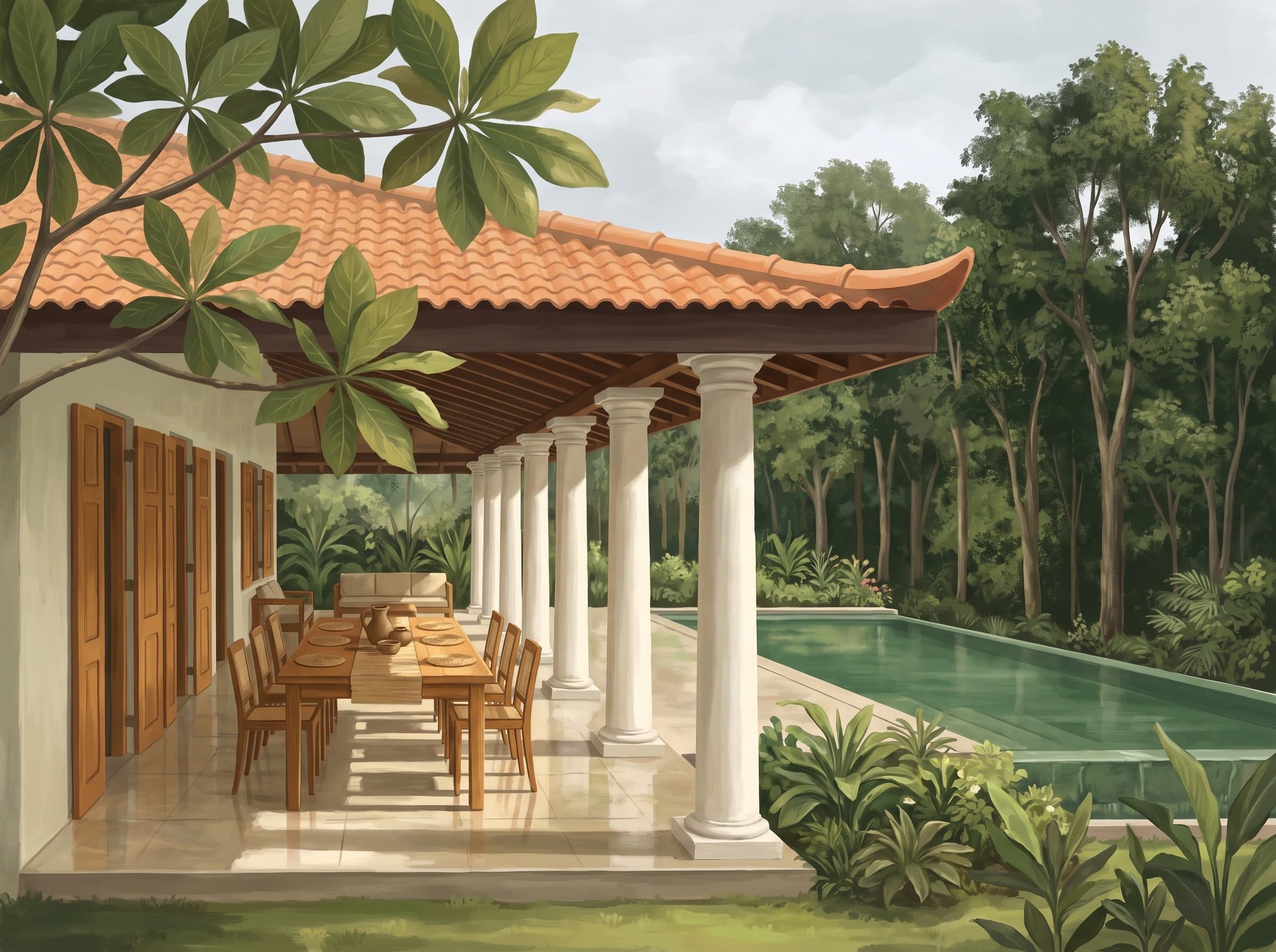 Render of the shaded veranda with a long table and garden view