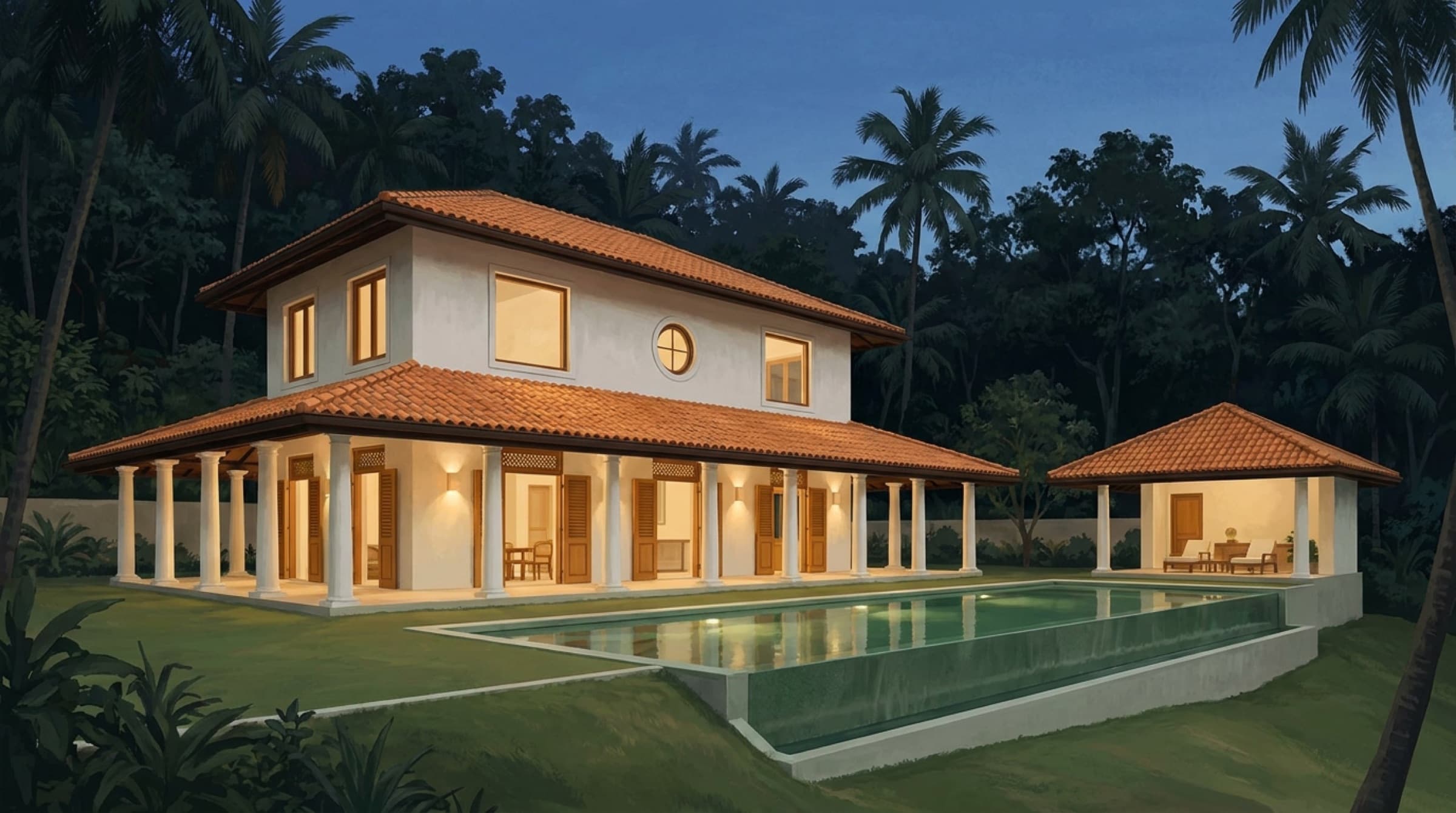 Render of the villa exterior at dusk, warm light in the rooms