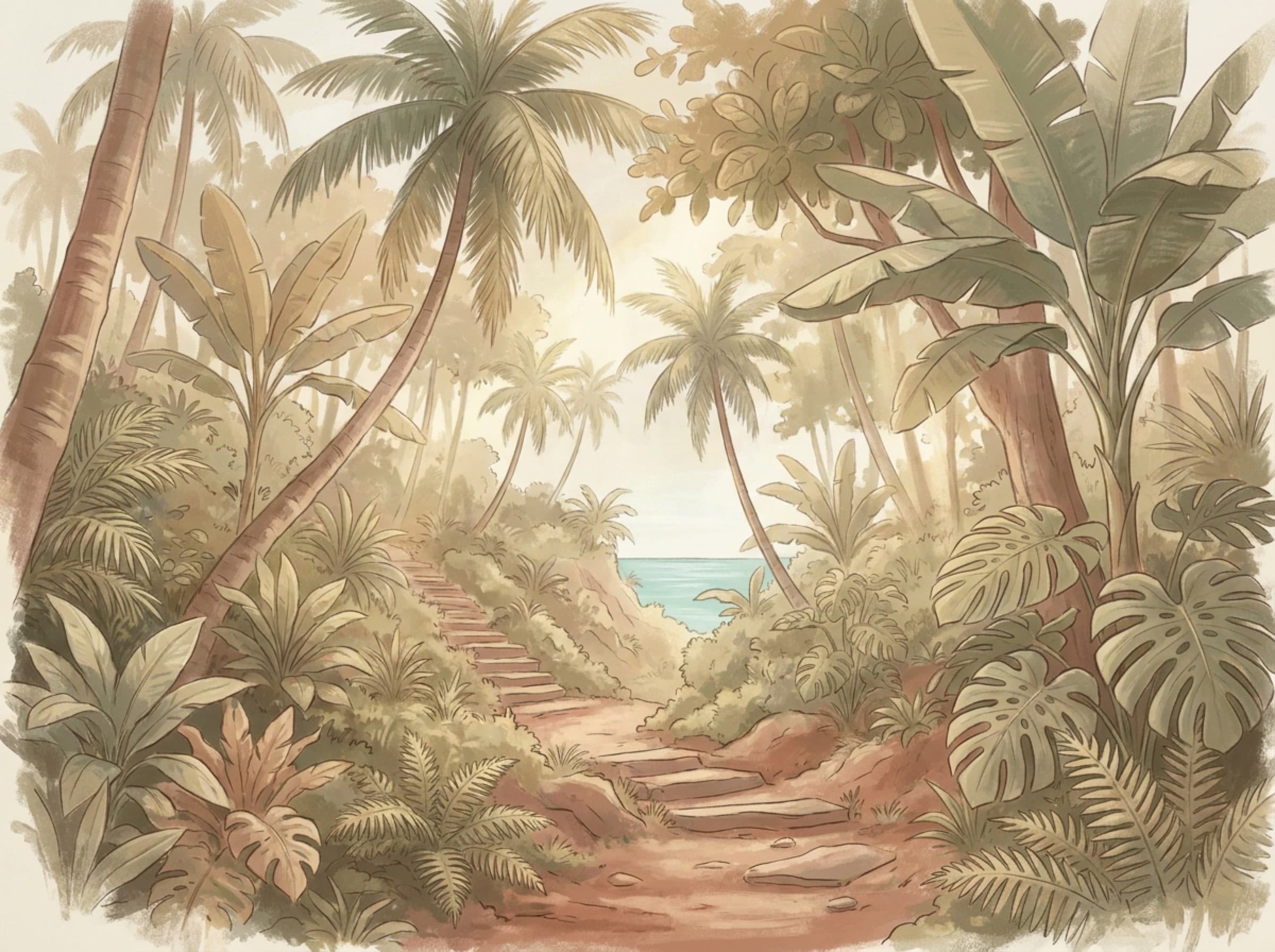 Render of the jungle path down from the hill toward the bay