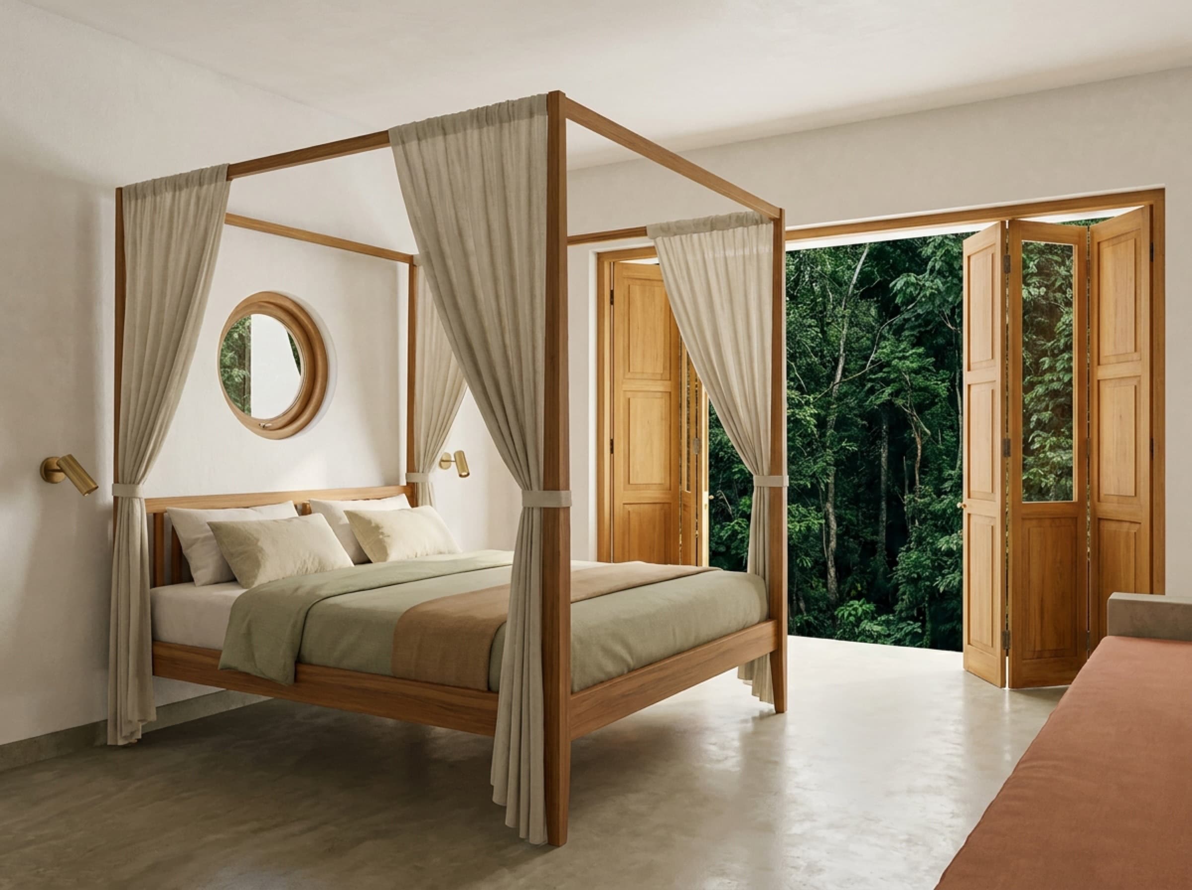 Render of the master bedroom with a teak four-poster bed and jungle canopy beyond the shutters