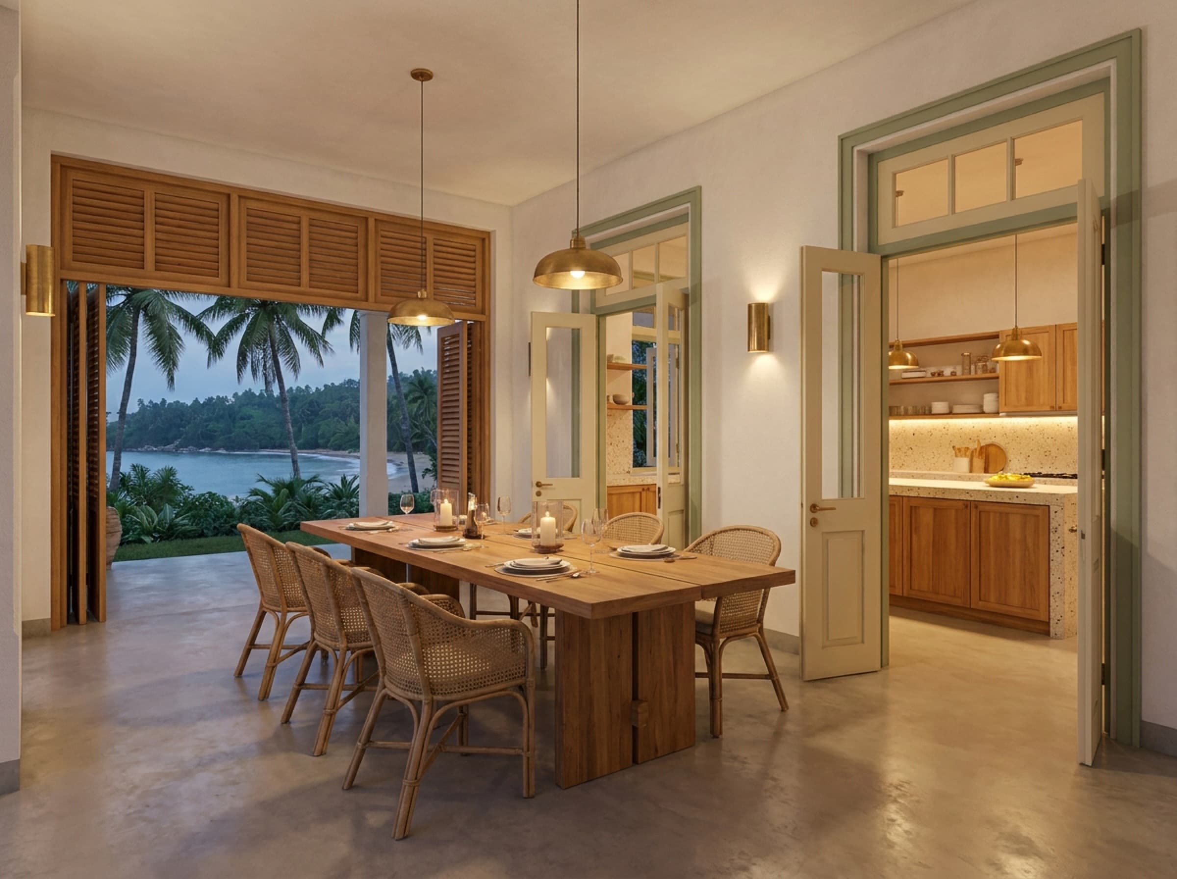 Render of the dining space set for dinner, kitchen light beyond
