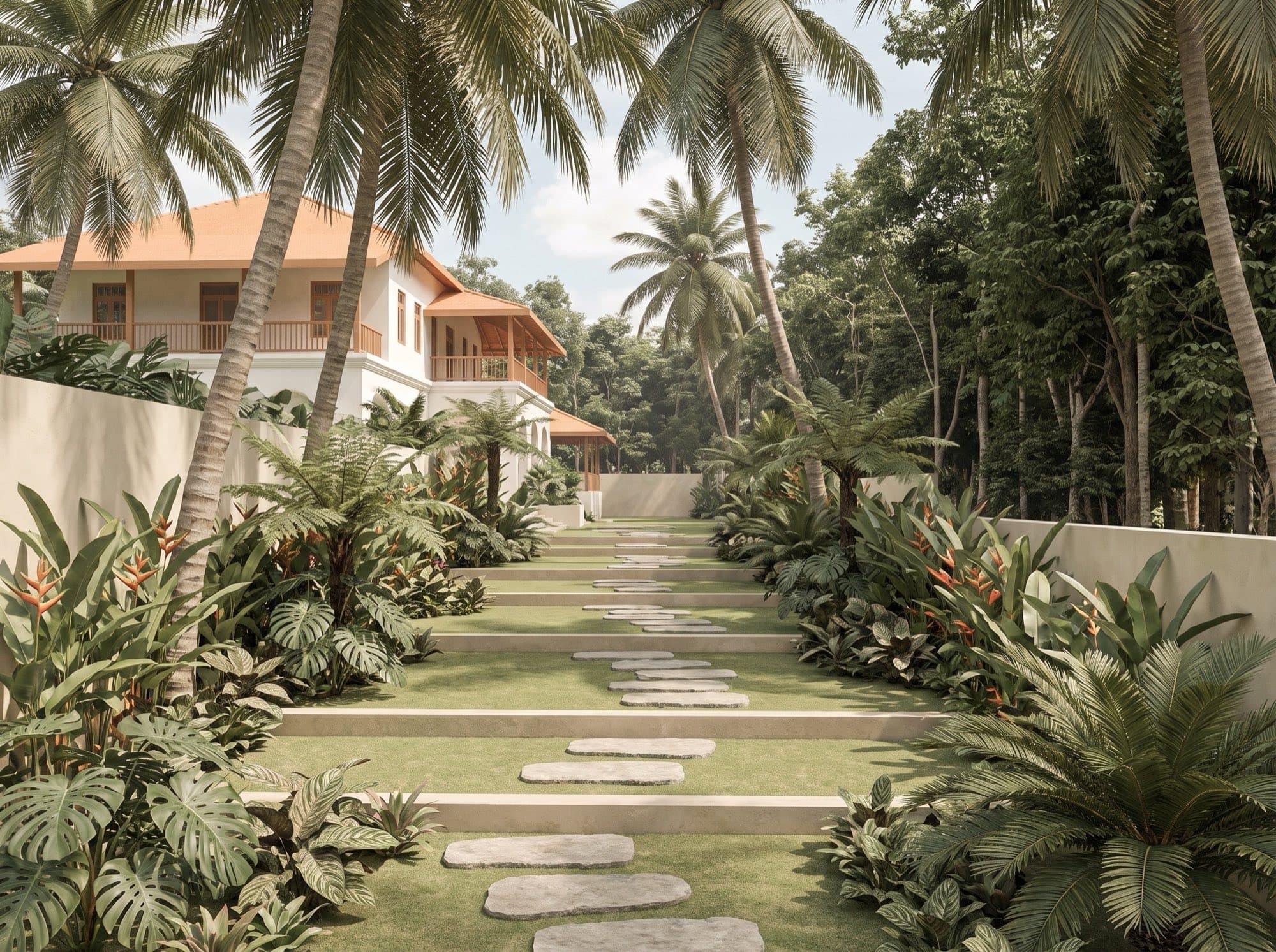 Render of the villa garden path under kottamba trees