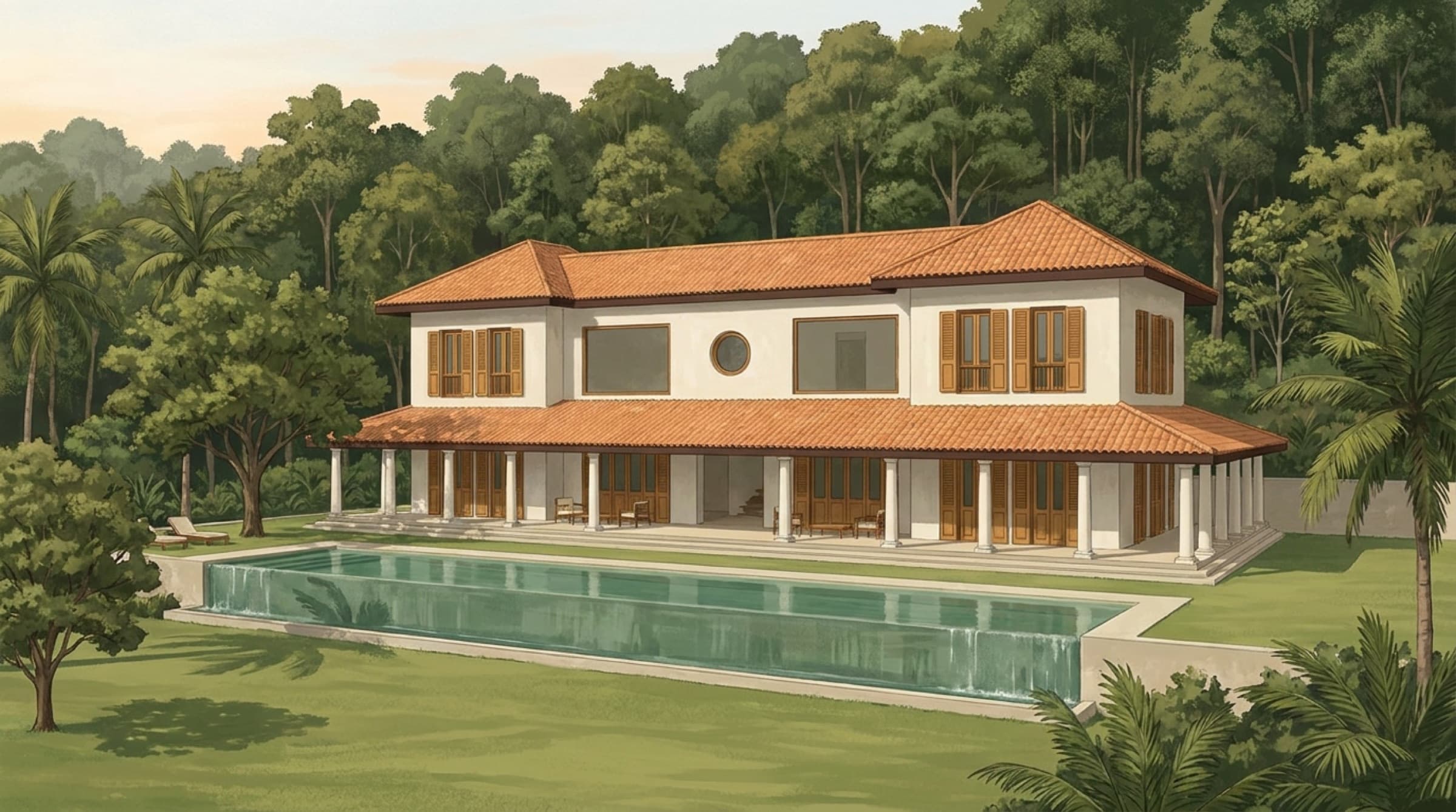 Architectural render of Kottamba Kanda villa on its hill at first light, seen across the gardens