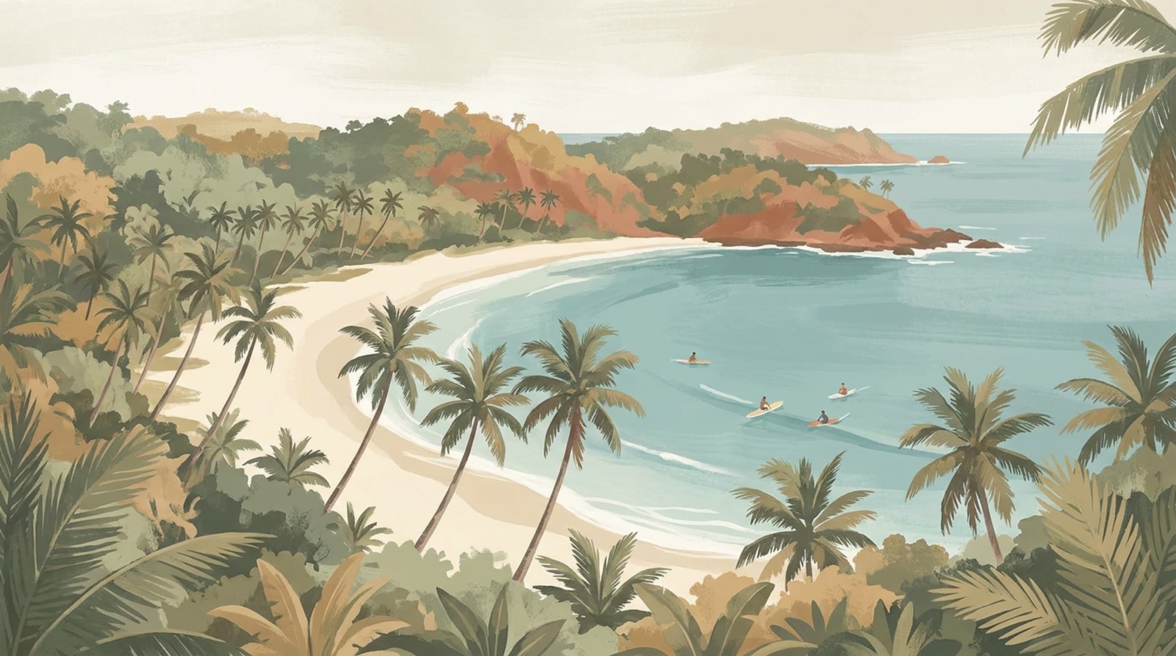 Render of Hiriketiya's horseshoe bay with surfers on a small swell
