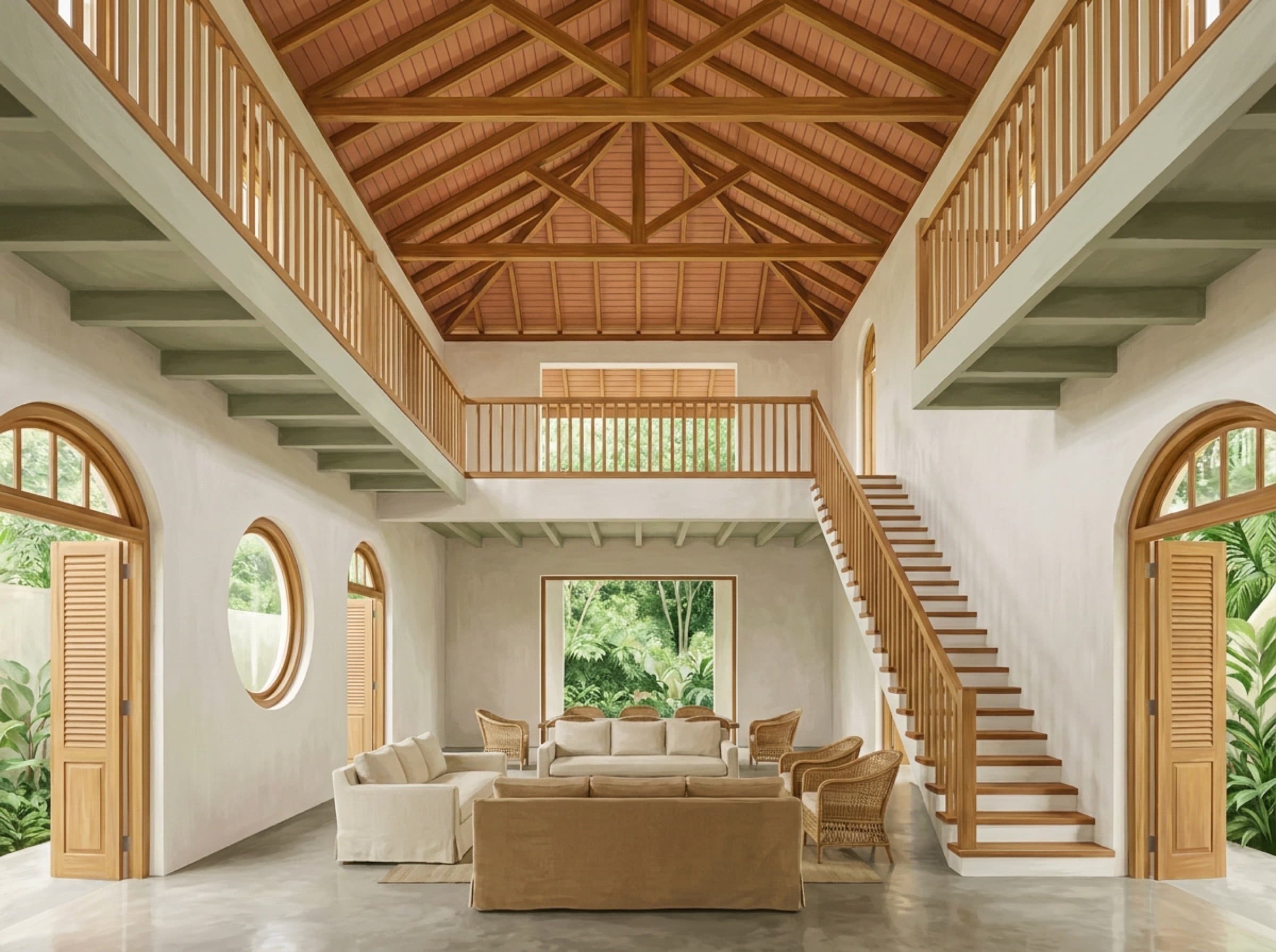 Render of the double-height living hall with teak cathedral ceiling and galleried landing