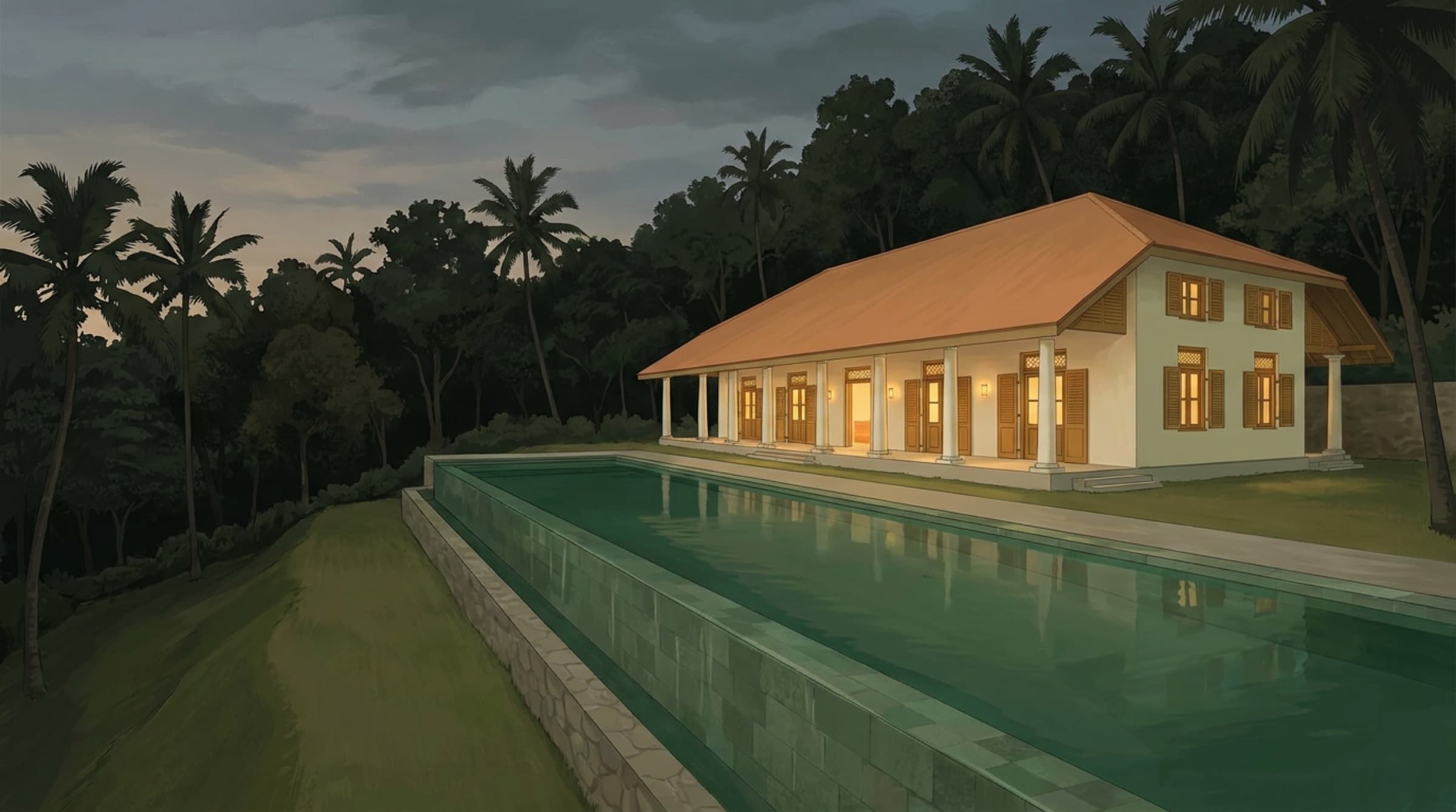 Render of the green-stone infinity pool in the evening, villa lit behind