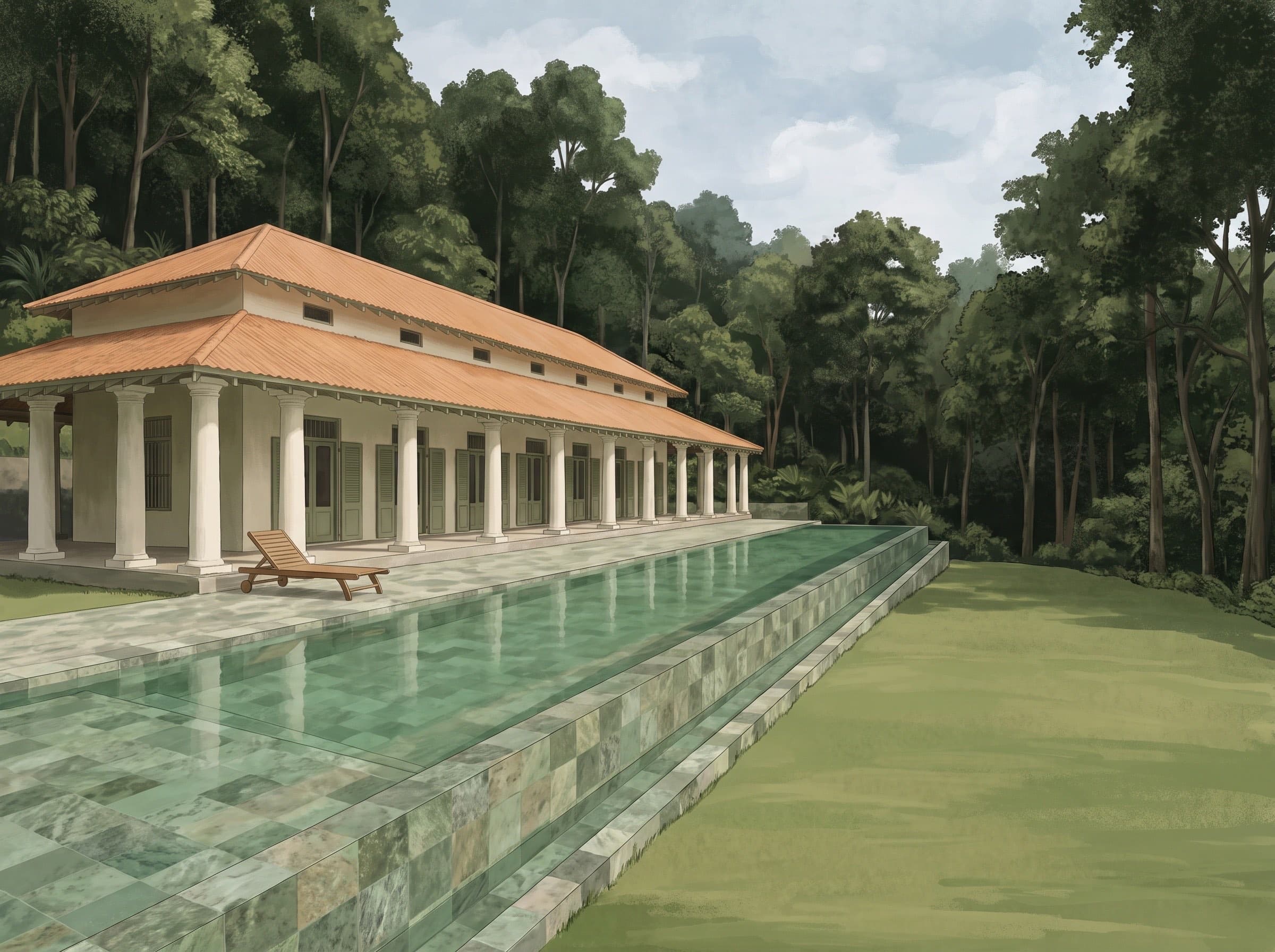 Render of the green-stone infinity pool, its far edge dropping to the garden terrace below